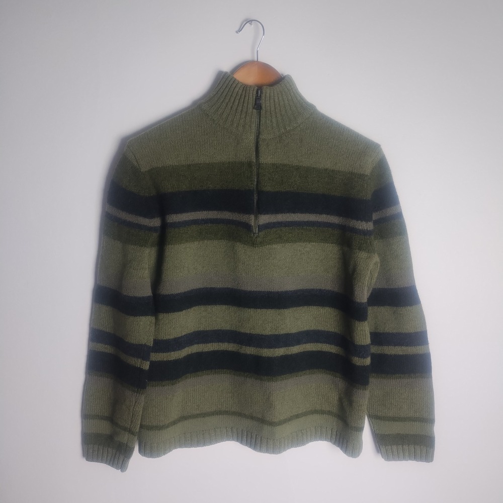 Vintage Banana Republic Quarter Zip Sweater Womens M Green Striped Lambswool Y2K
